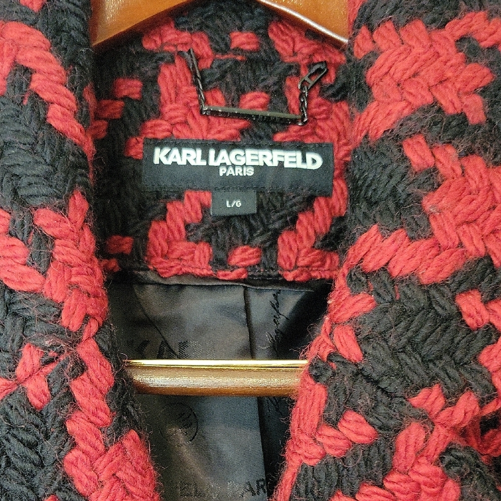 Karl Lagerfeld Red & Black Houndstooth Wool Blend Wrap Coat- LIKE NEW - Picture 5 of 16